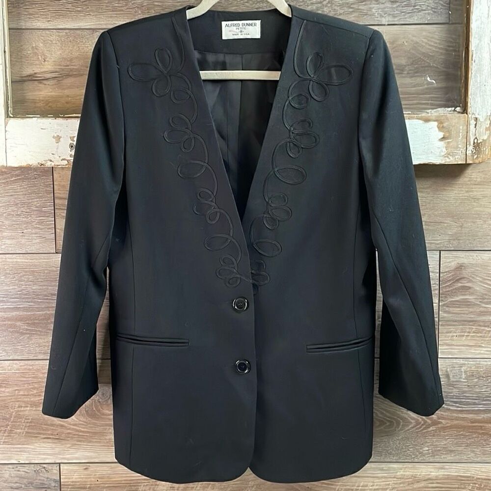 ALFRED DUNNER Womens Vintage Dress Blazer Jacket Fancy Trim Work Petite 8 Black